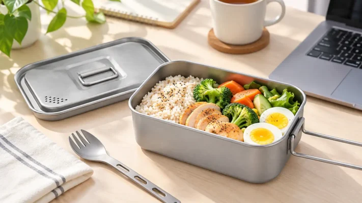 Lunch container size guide with an 800 ml titanium lunch box and everyday meal
