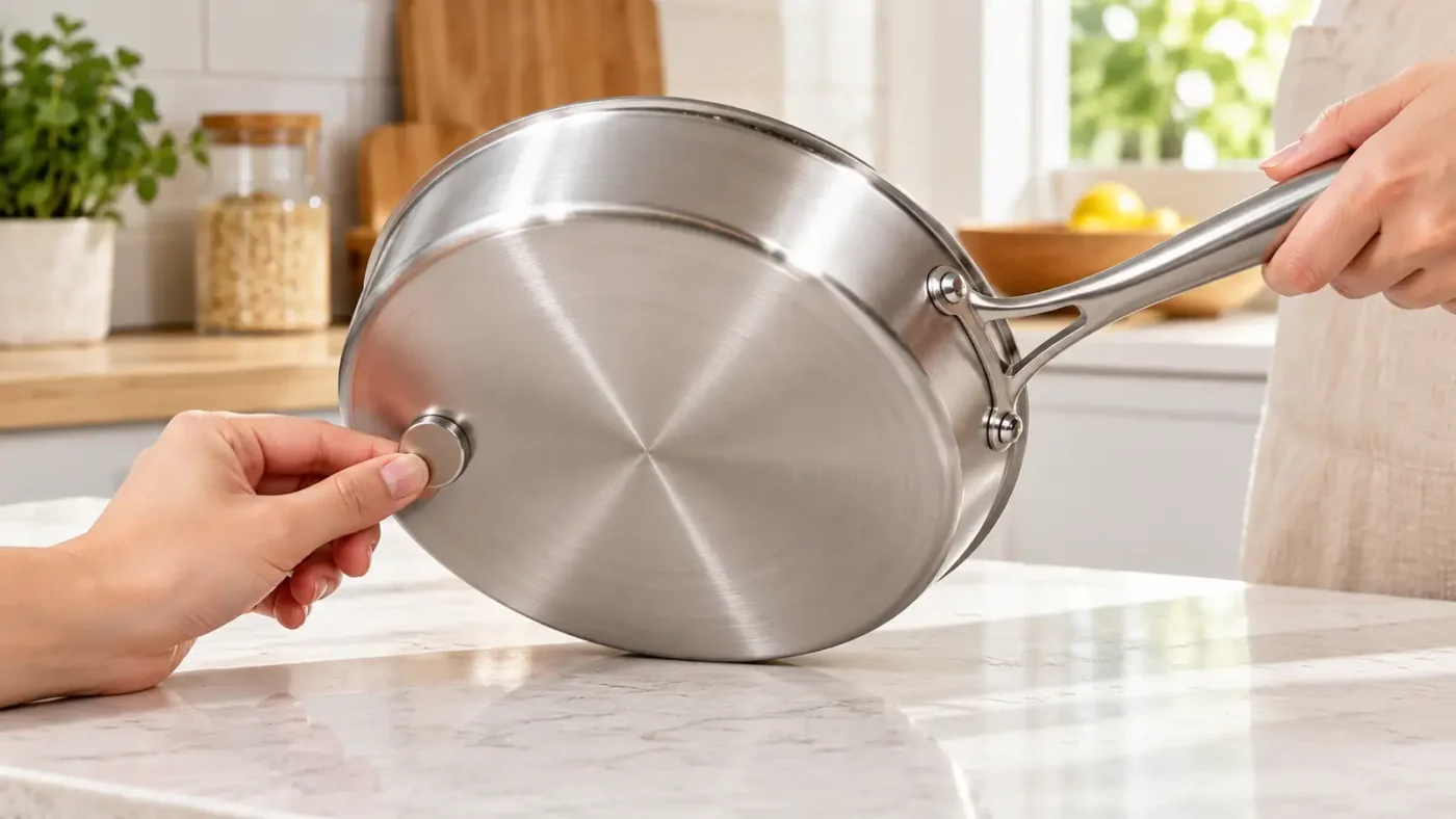 Small magnet held against the outer base of a cool, empty induction-compatible frying pan