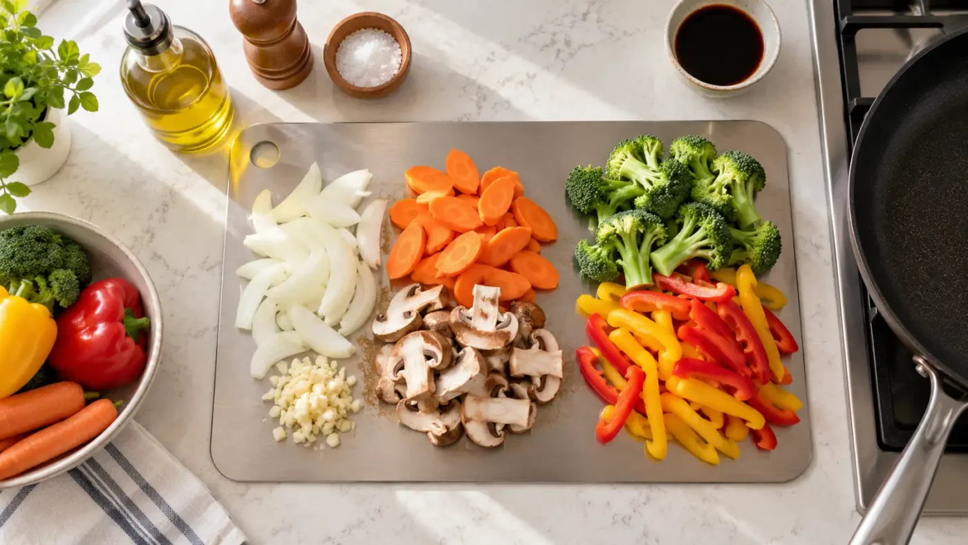 Ingredients organized by cooking order for an easy weeknight meal