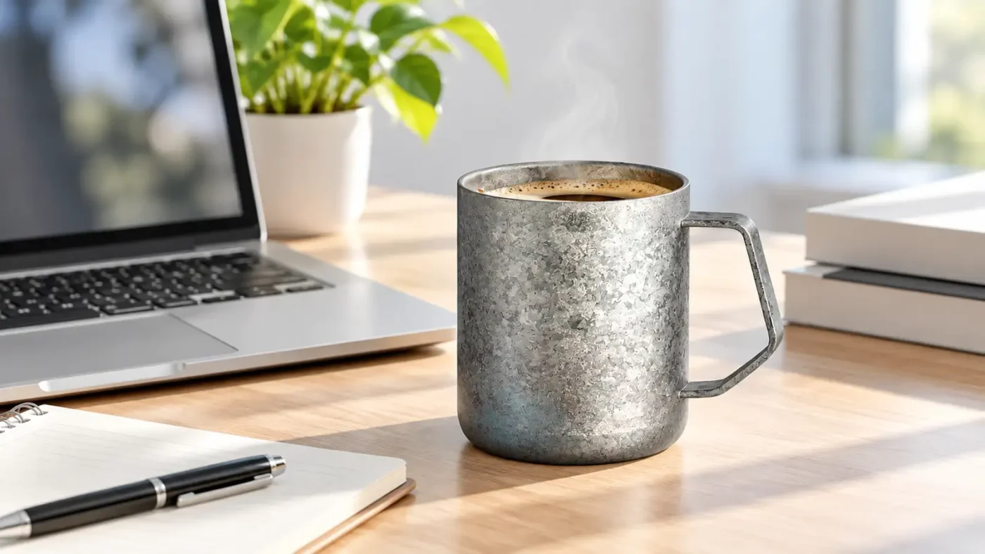 Fixed-handle pure titanium coffee mug on a bright office desk