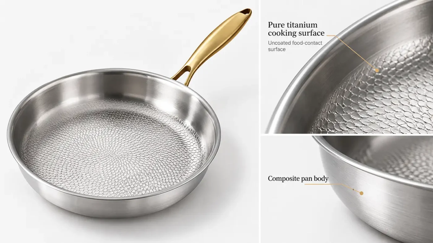 Close-up of a pure titanium cooking surface and the rim of a composite frying pan