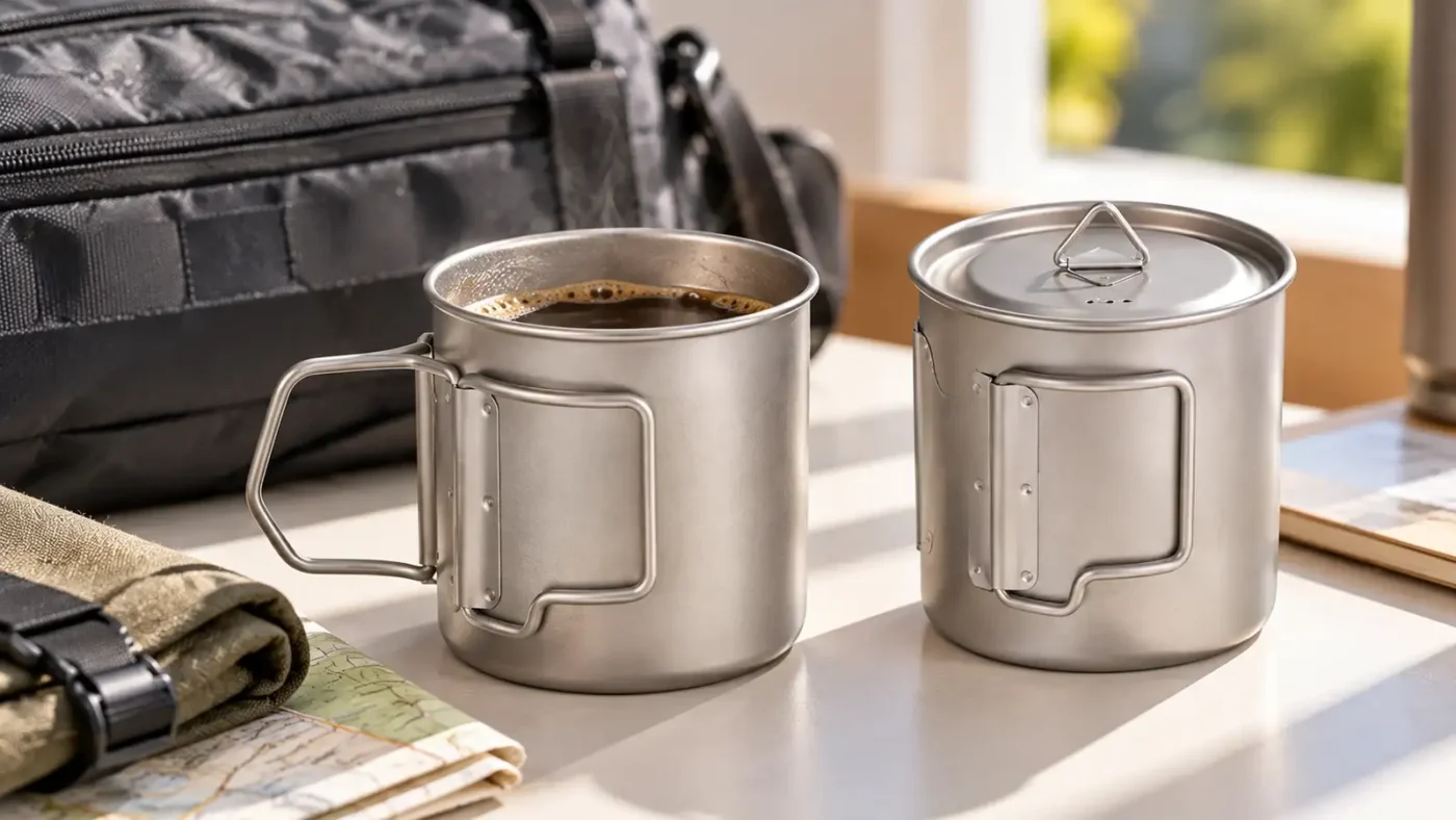 Pure titanium mug with folding handles shown against the rigid cup body