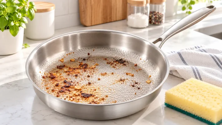 TiRoam frying pan with cooked-on food residue beside a soft sponge in a bright home kitchen.