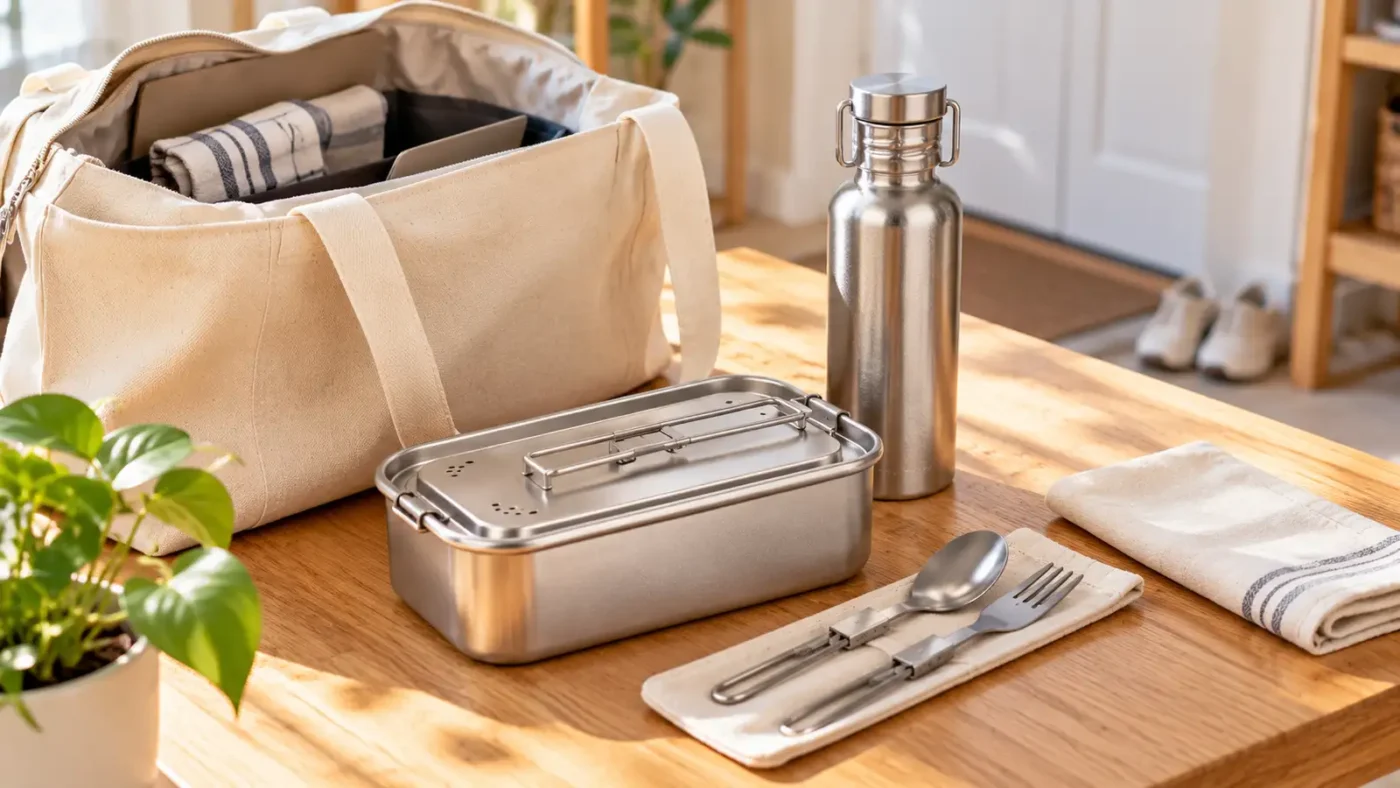 Reusable eating kit for everyday use with TiRoam titanium bowls, cups, folding utensils, lunch box, and water bottle on a dining table.