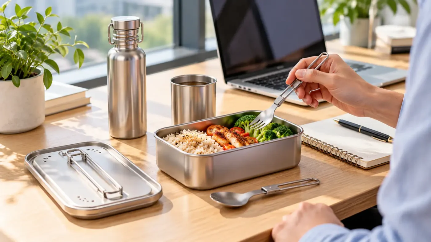 Reusable eating kit for office lunch with a titanium lunch box, folding utensils, cup, and water bottle on a desk.