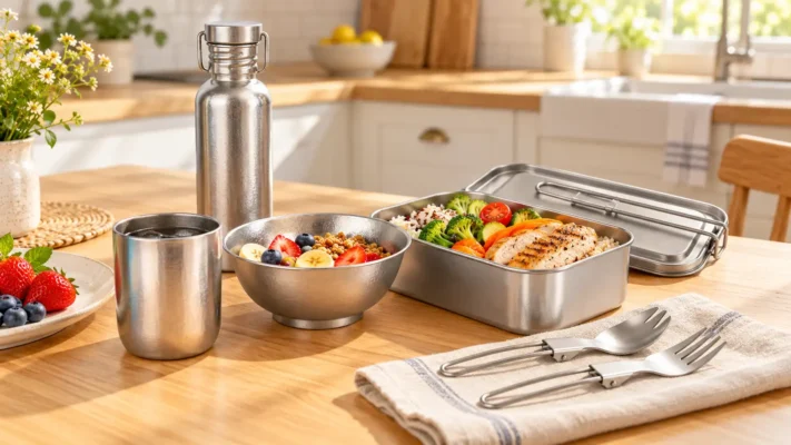 Reusable eating kit for everyday use with TiRoam titanium bowls, cups, folding utensils, lunch box, and water bottle on a dining table.