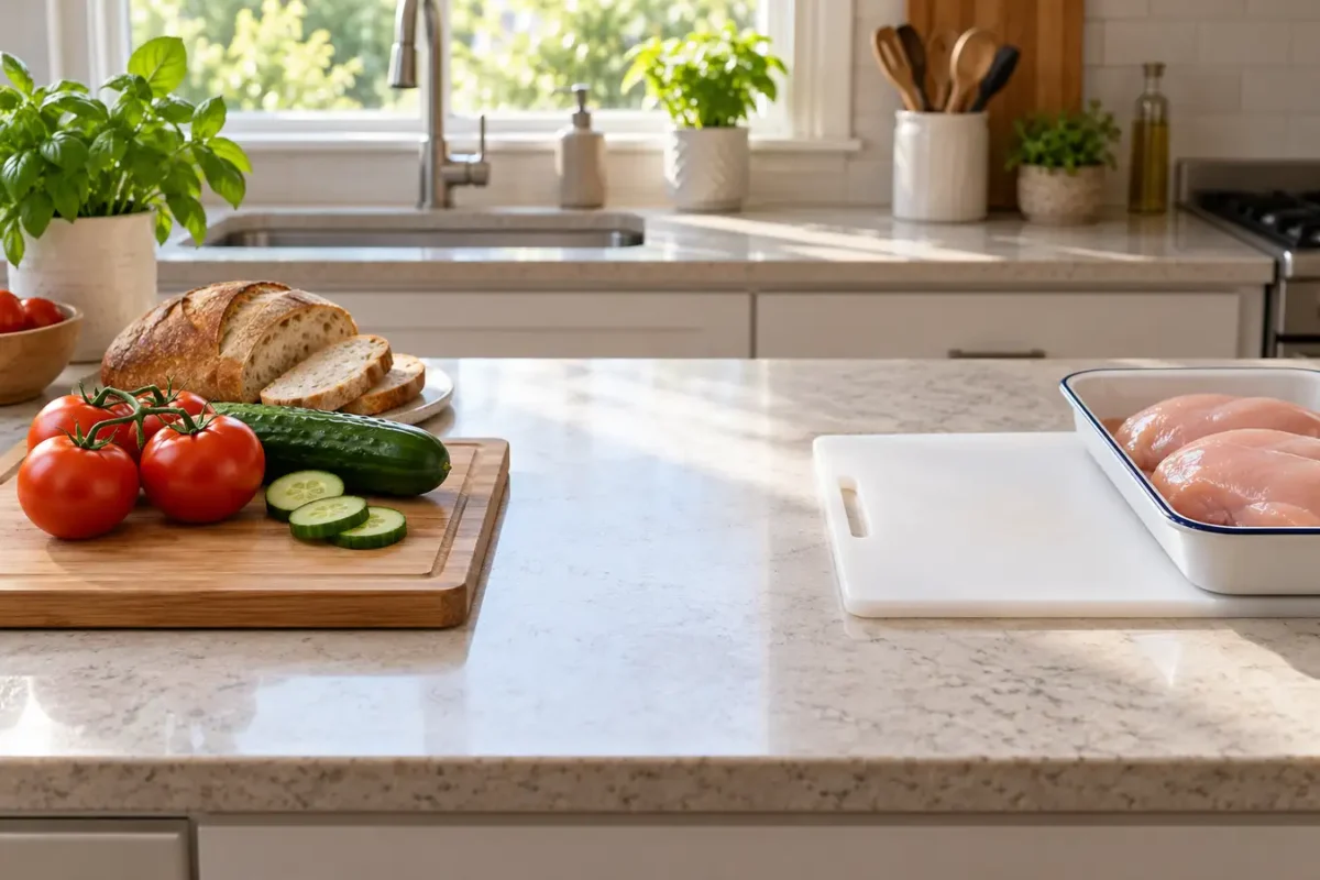 Separate cutting boards for produce and raw chicken in two kitchen prep areas`
