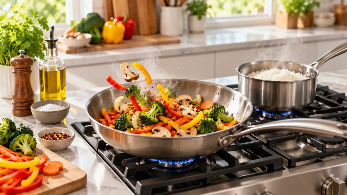 Vegetables cooking in a pan while rice cooks for a weeknight dinner