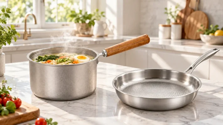 Solid titanium cookware compared with composite titanium cookware in a modern kitchen