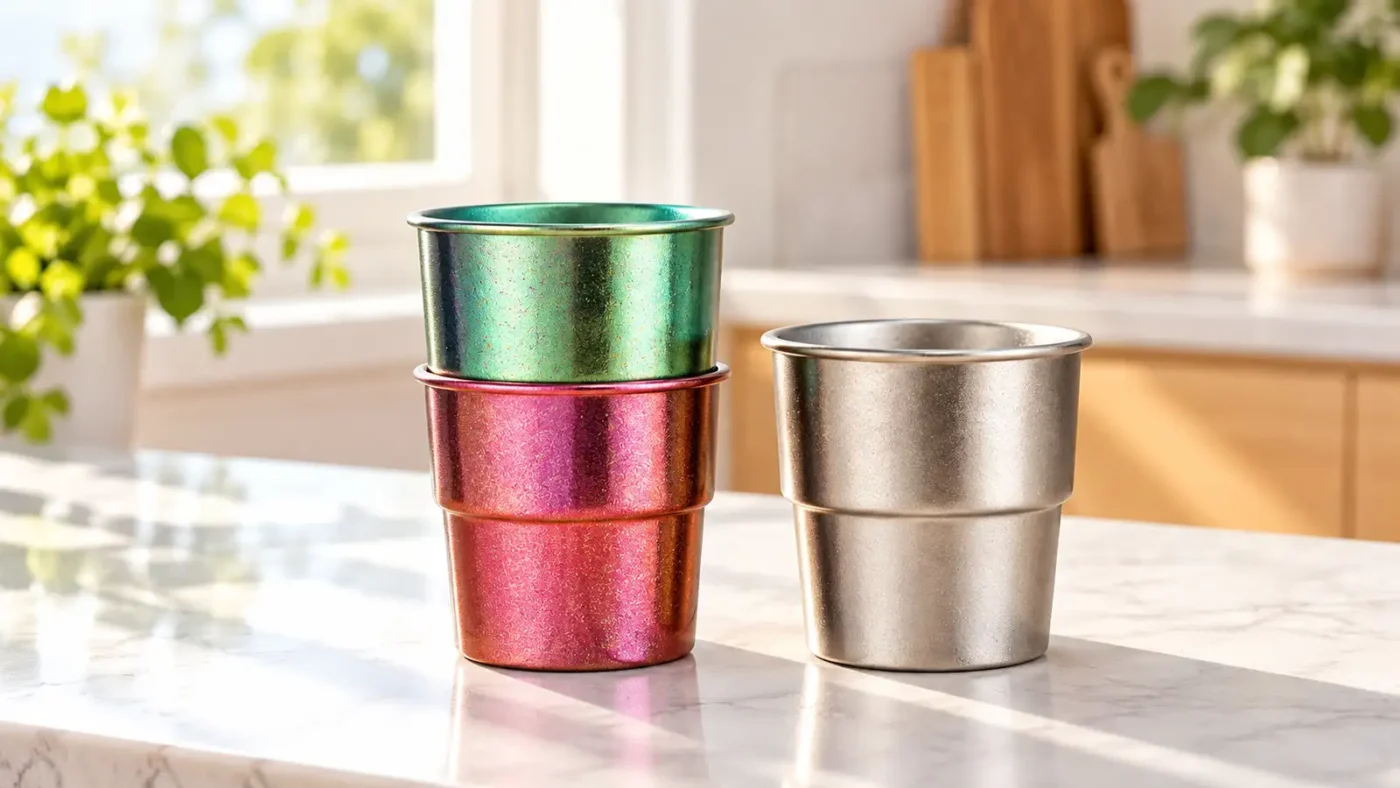 Stackable pure titanium cups arranged for compact kitchen storage
