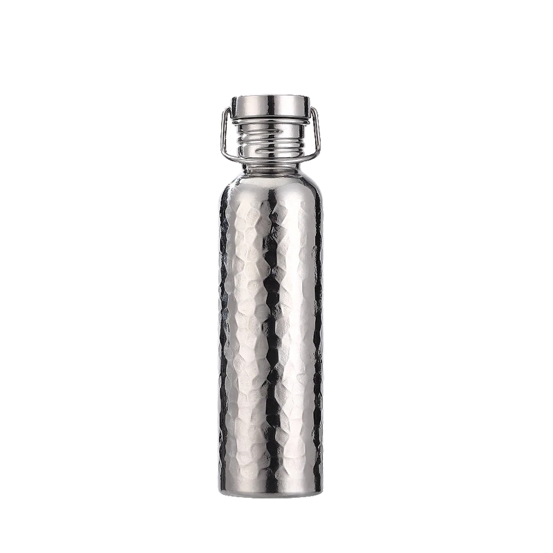 750 ml single-wall titanium hammered water bottle with carry loop cap in silver polished finish on a light background.