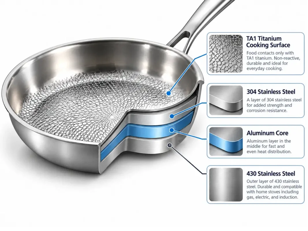 Four-layer composite pan diagram for the solid titanium vs composite titanium cookware comparison