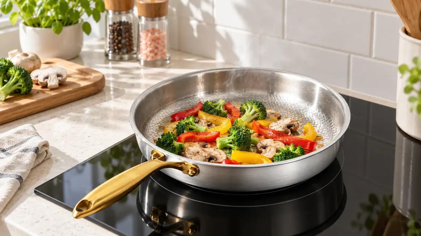 Vegetables cooking in a straight-sided frying pan with a titanium cooking surface on an induction cooktop