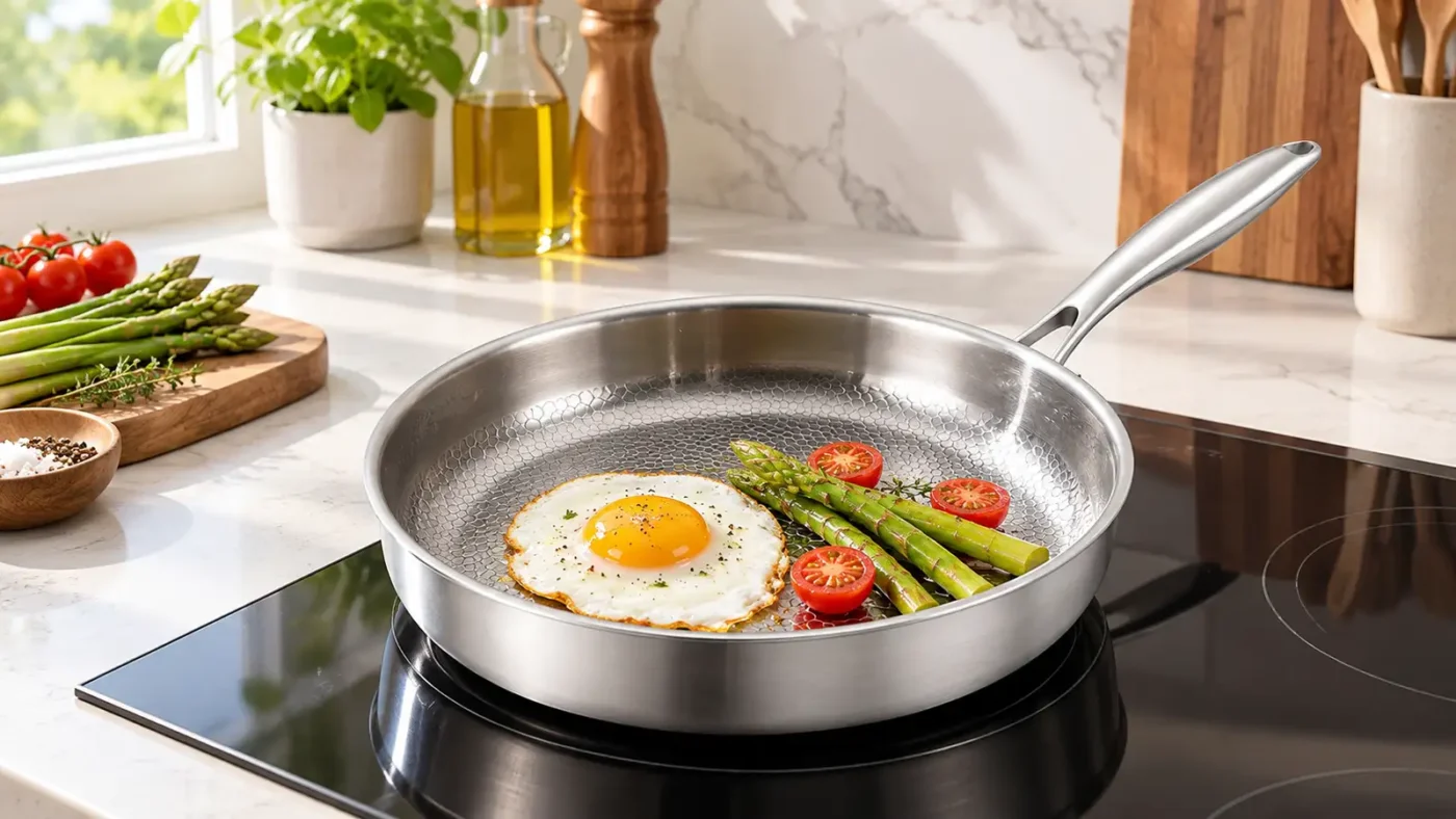 TiRoam straight-sided frying pan with a titanium cooking surface on an induction cooktop
