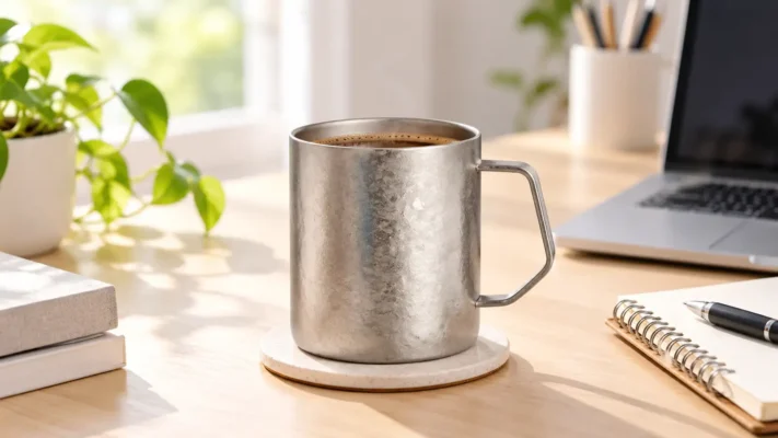 TiRoam blue crystalline titanium coffee mug on a coaster beside a notebook at a bright home desk