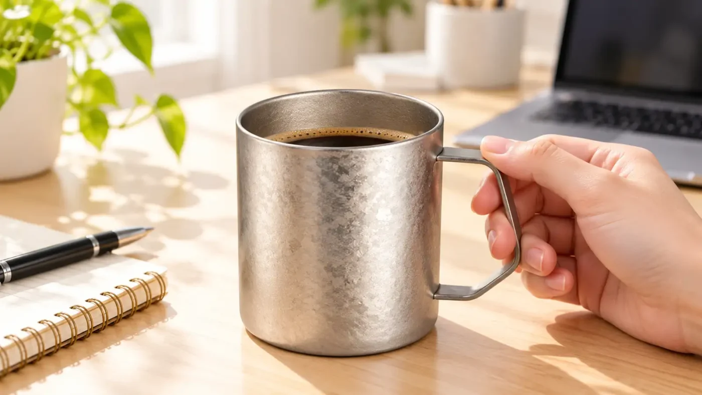Close view of the rim and fixed handle of a TiRoam coffee mug with coffee below the rim