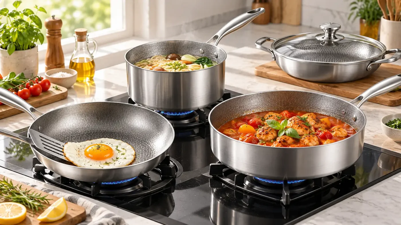 Titanium cookware pan shapes for frying sautéing and simmering