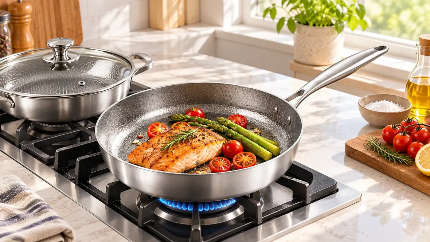 Titanium cookware on a home stove with space for safe handling
