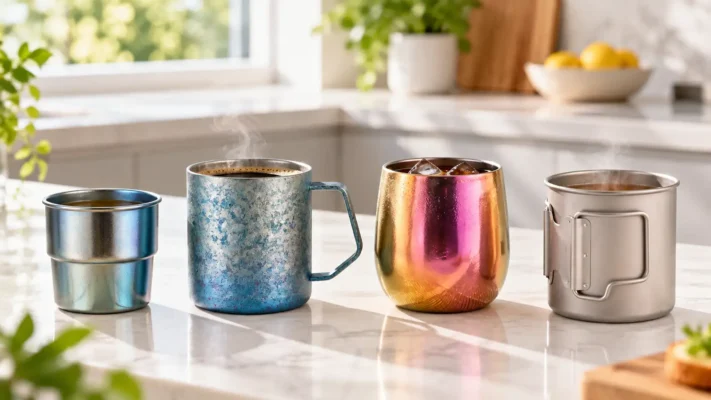 Titanium stackable cup, fixed-handle mug, handle-free tumbler, and folding-handle mug compared side by side