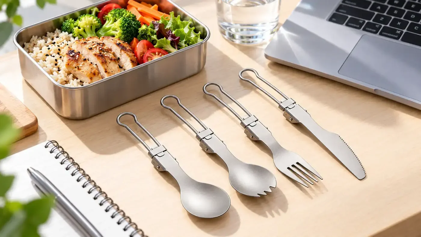 TiRoam folding titanium cutlery set with a work lunch on a bright office desk