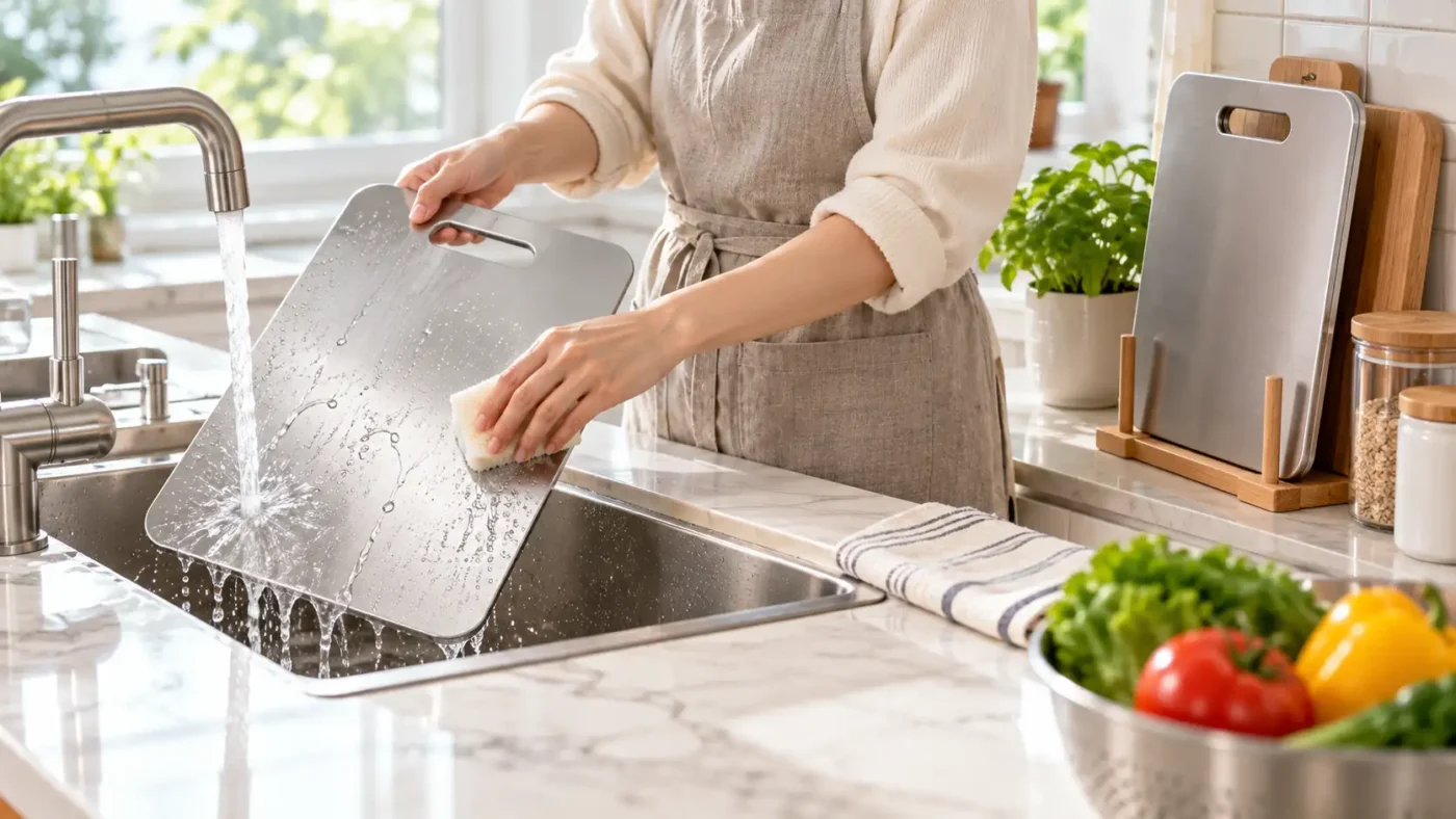 Cleaning and storing a titanium cutting board in an everyday kitchen