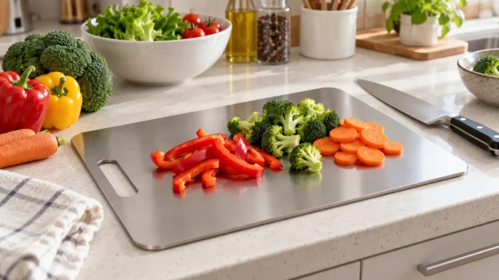 Titanium cutting board used for everyday food preparation