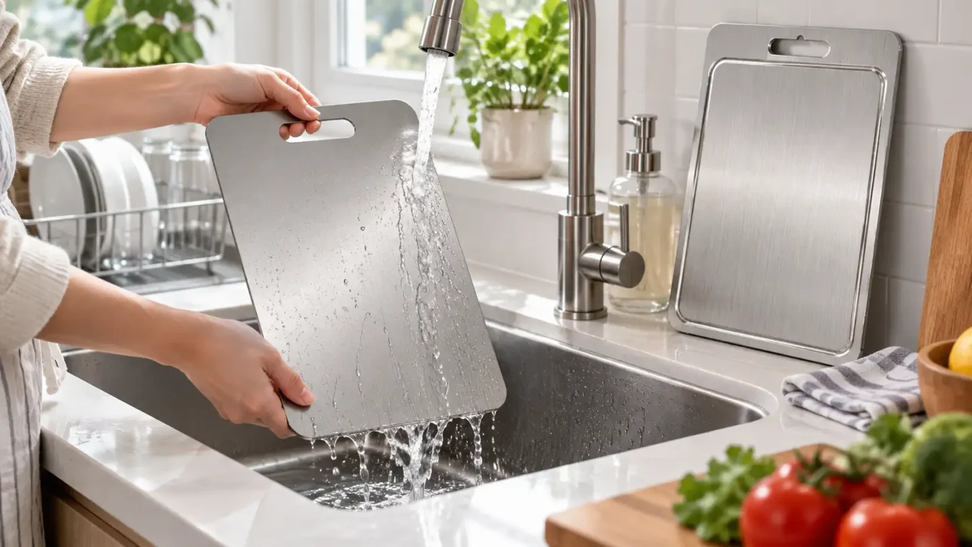 Titanium cutting board being handled near a kitchen sink for washing and storage