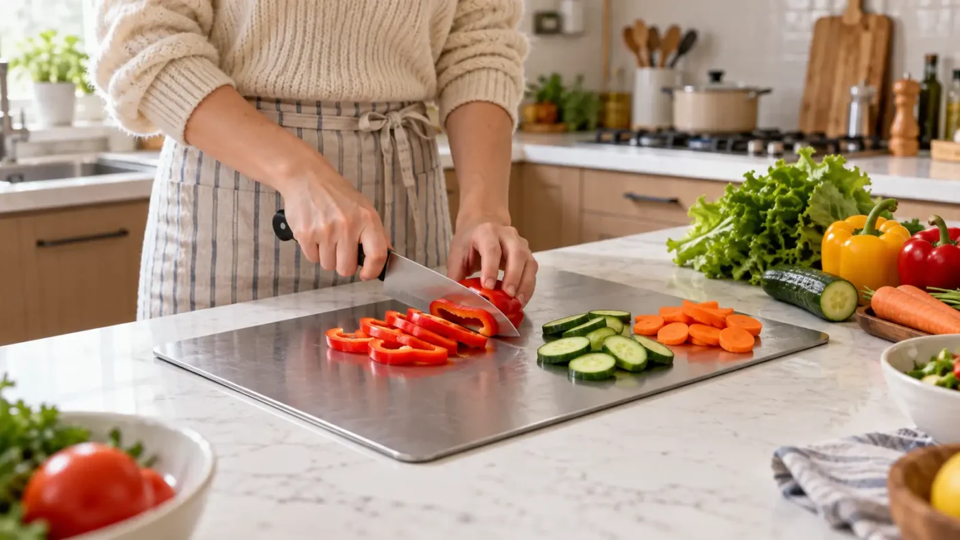 Slicing red bell pepper on a titanium cutting board with cucumber and carrot slices nearby