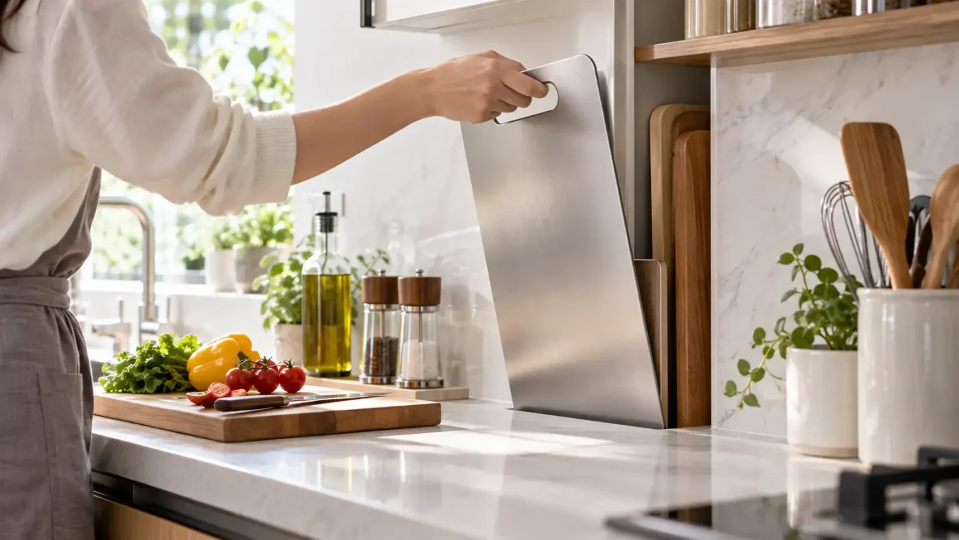 Titanium cutting board being placed upright in a kitchen storage slot