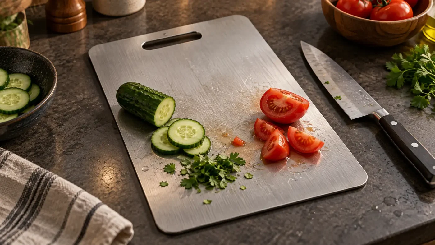 Brushed titanium cutting board surface with normal knife marks from everyday kitchen use