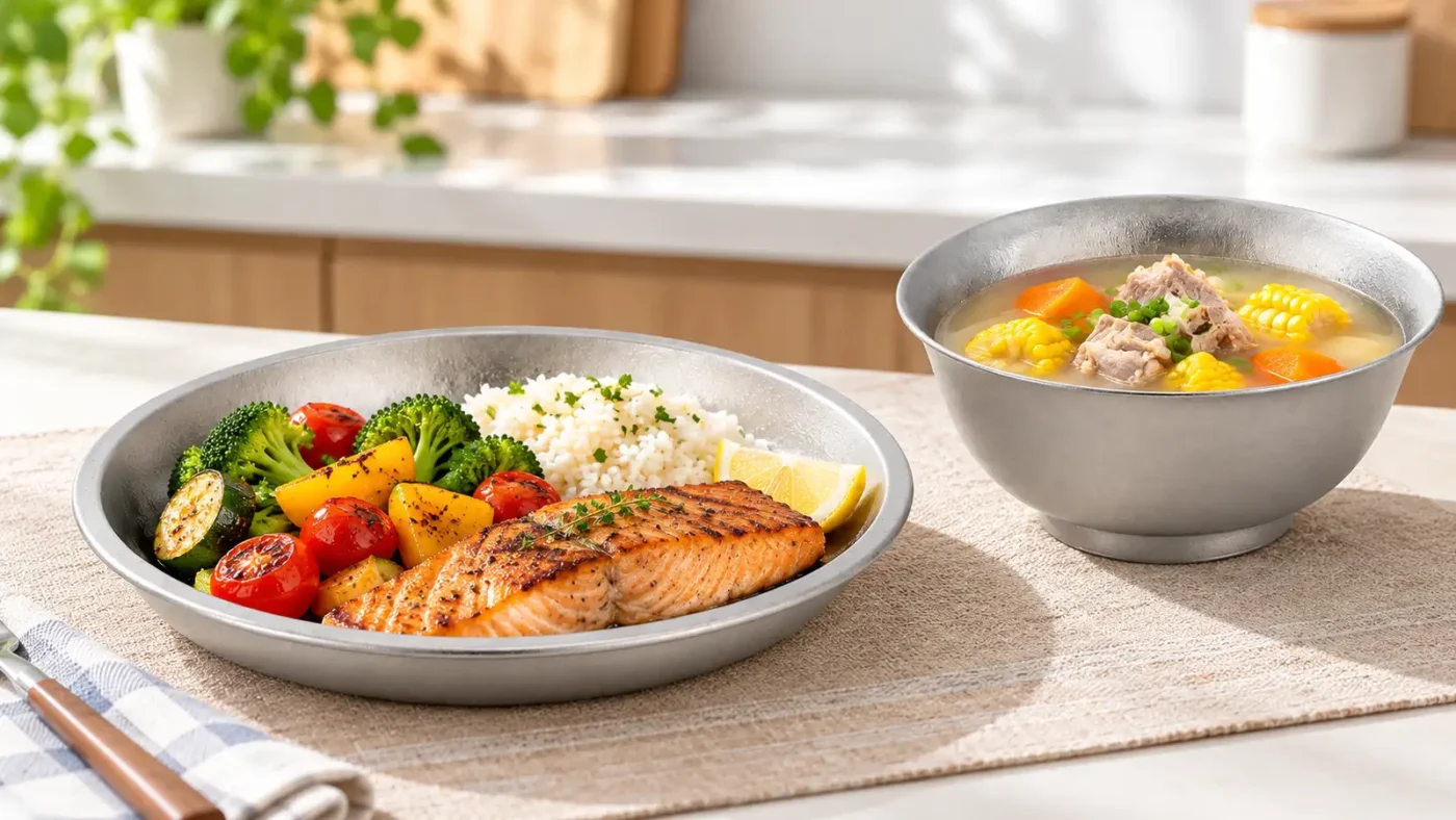 Titanium dinner plate for solid food beside a deeper titanium bowl for soup