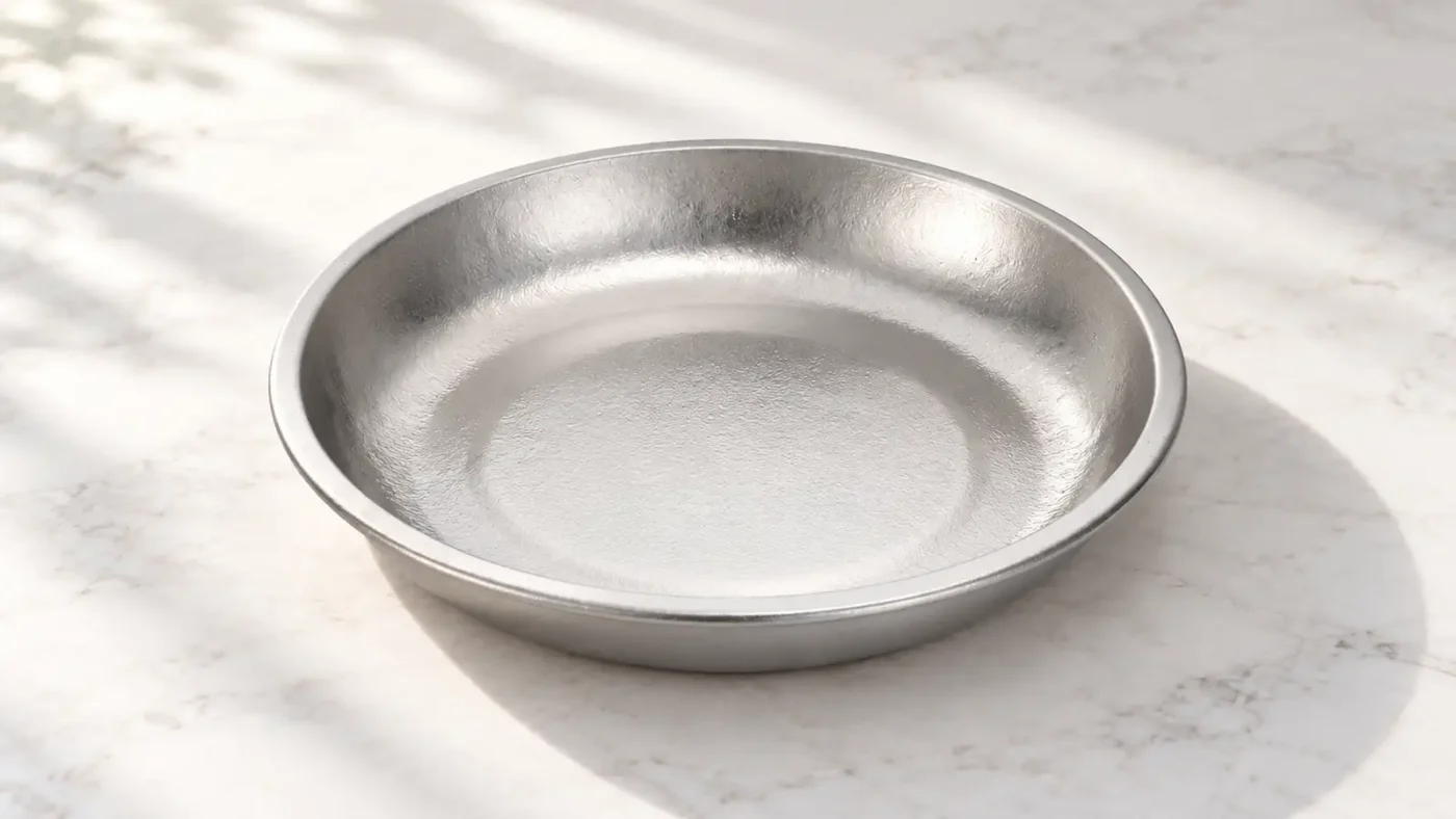 Shallow pure titanium dinner plate showing its open center and raised outer edge
