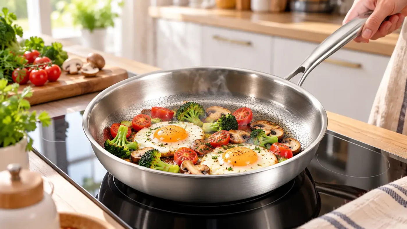 Eggs and vegetables cooking in a titanium frying pan on a glass cooktop