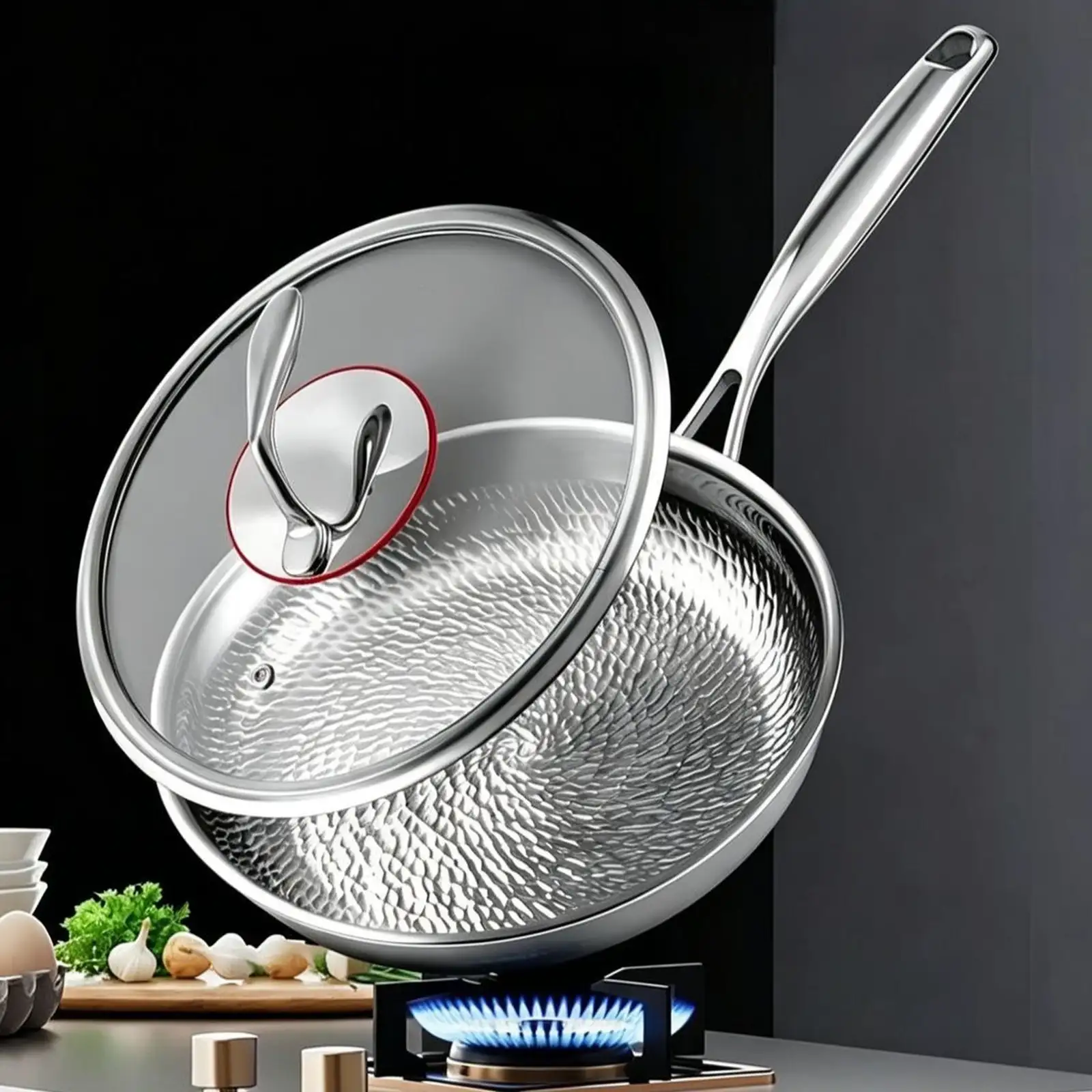 Close-up of a titanium frying pan showing its textured cooking surface, glass lid, and stainless steel handle.