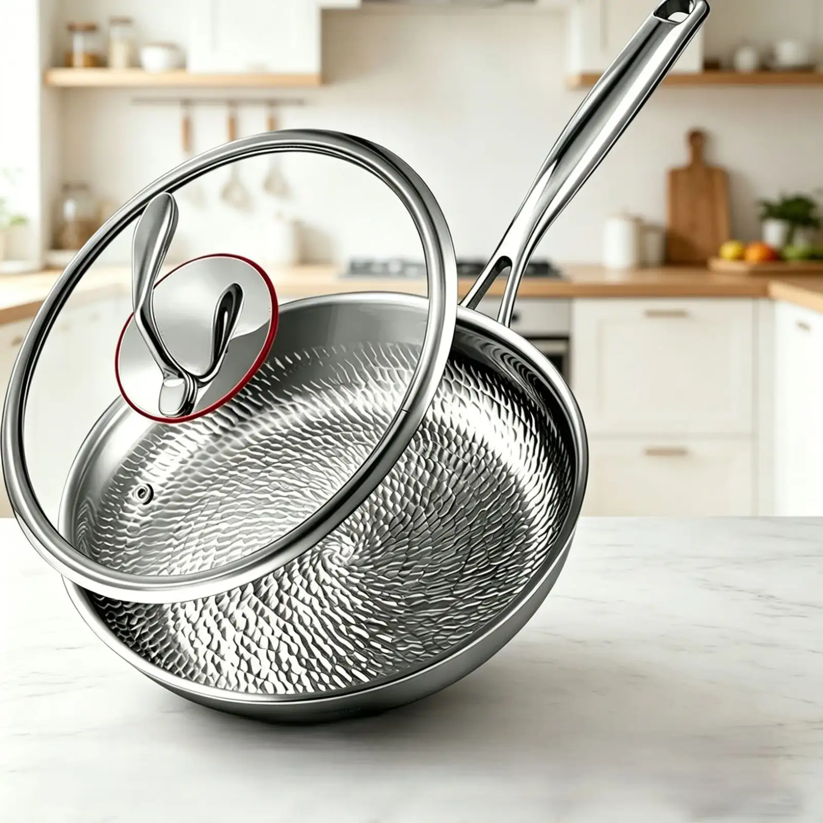 Titanium frying pan with a textured cooking surface and glass lid displayed in a bright home kitchen.