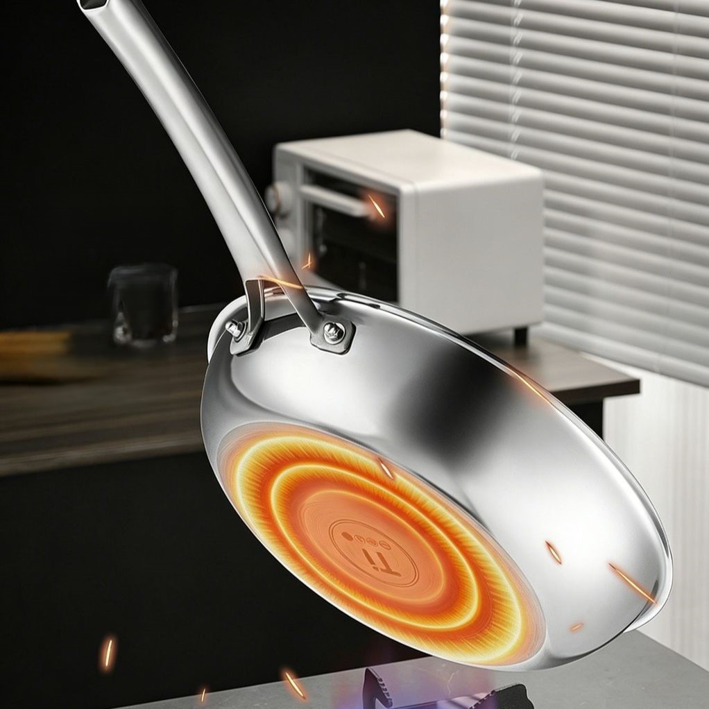 Underside of a titanium frying pan with a composite metal base and stainless steel handle.