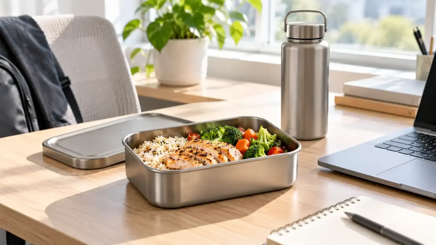 Titanium lunch box prepared for an everyday work lunch