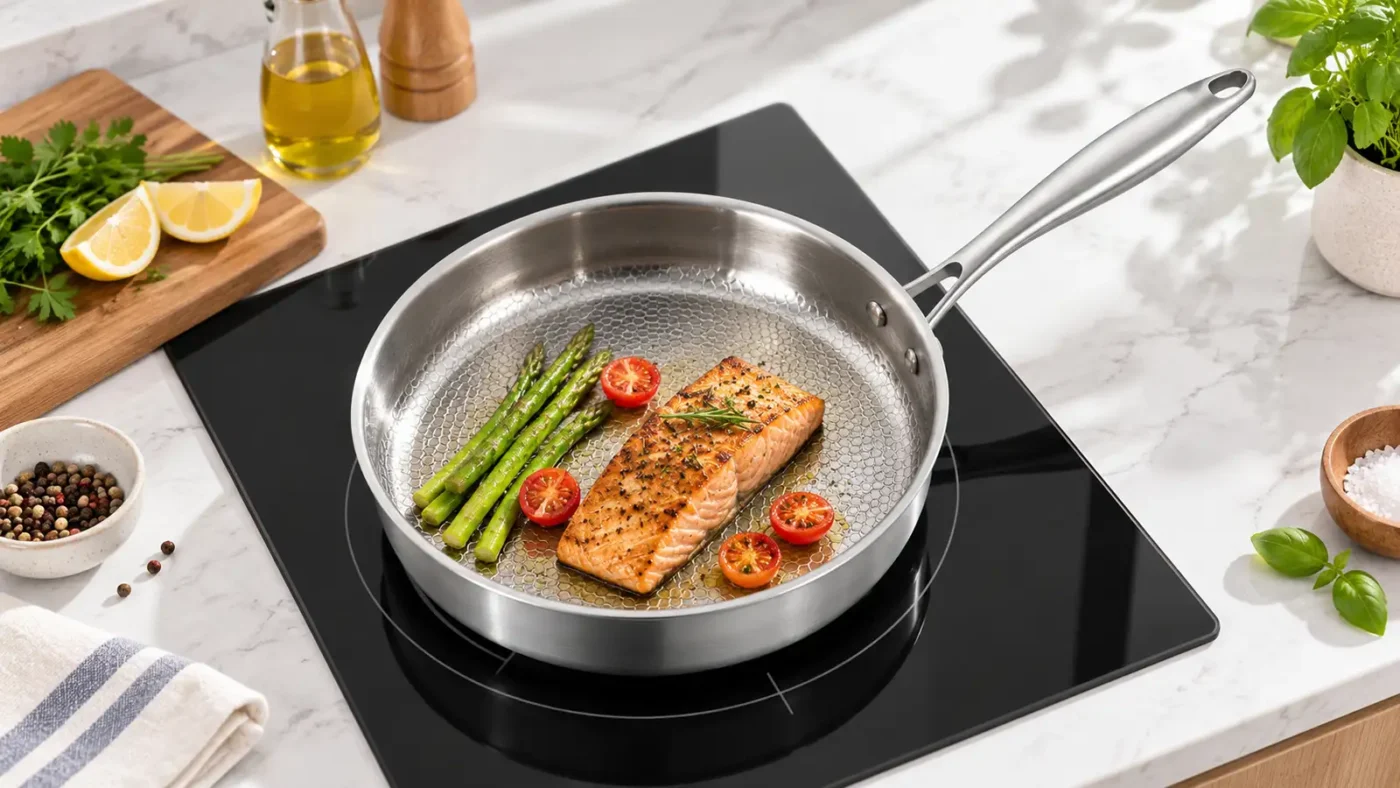 Straight-sided frying pan centered and sitting flat on an induction cooking zone