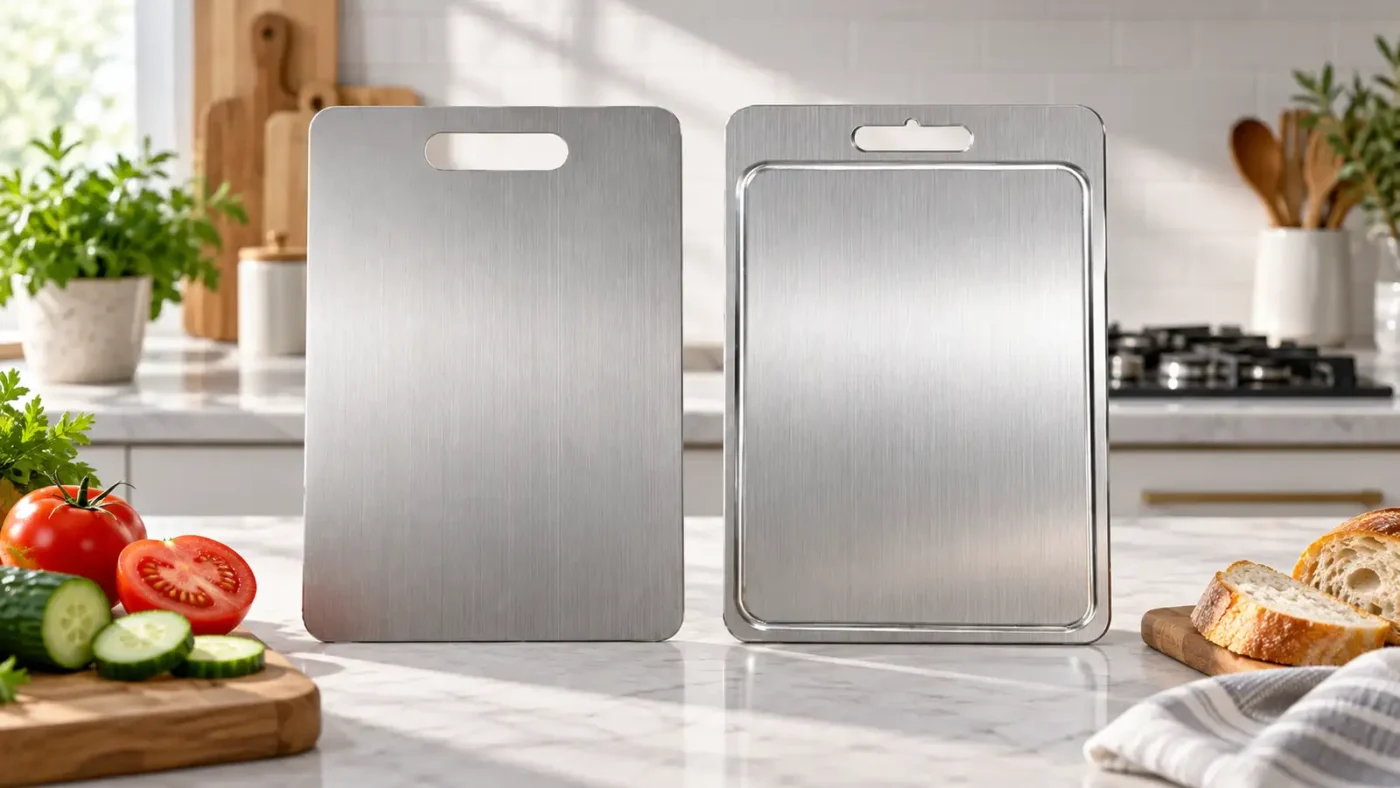 Titanium and stainless steel cutting boards compared on a bright kitchen counter
