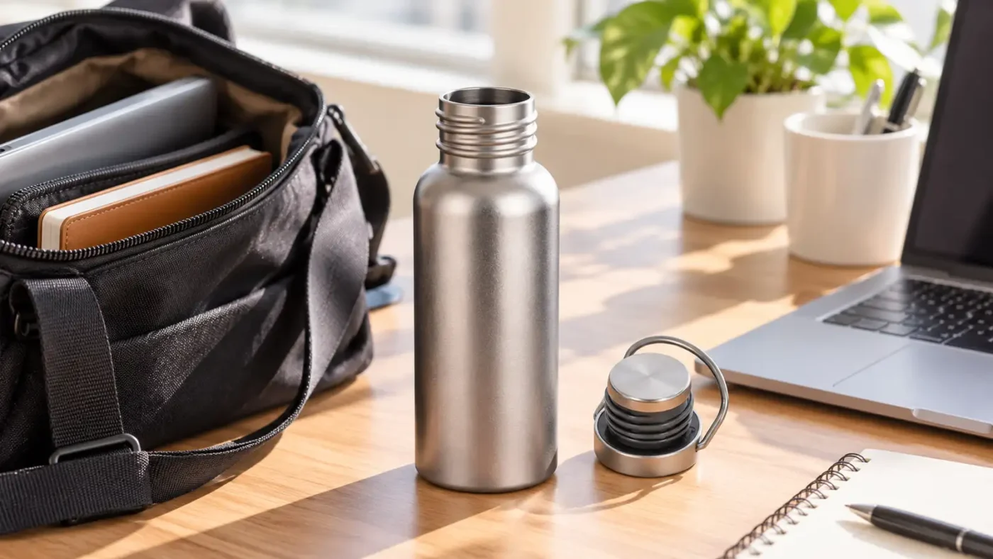 Open titanium water bottle beside a work bag with cap and carry loop visible