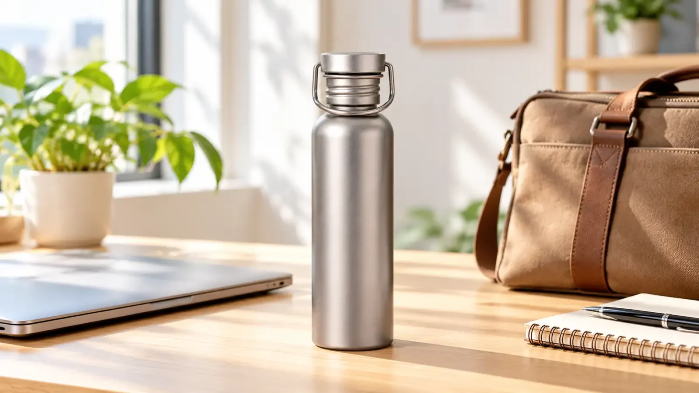 Titanium water bottle beside a laptop and work bag on a bright desk