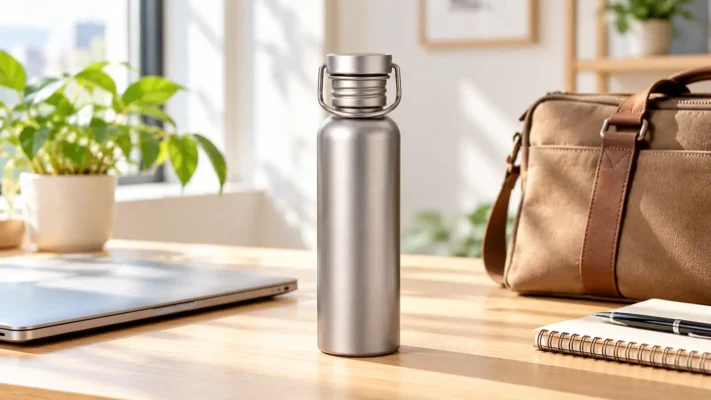 Titanium water bottle beside a laptop and work bag on a bright desk