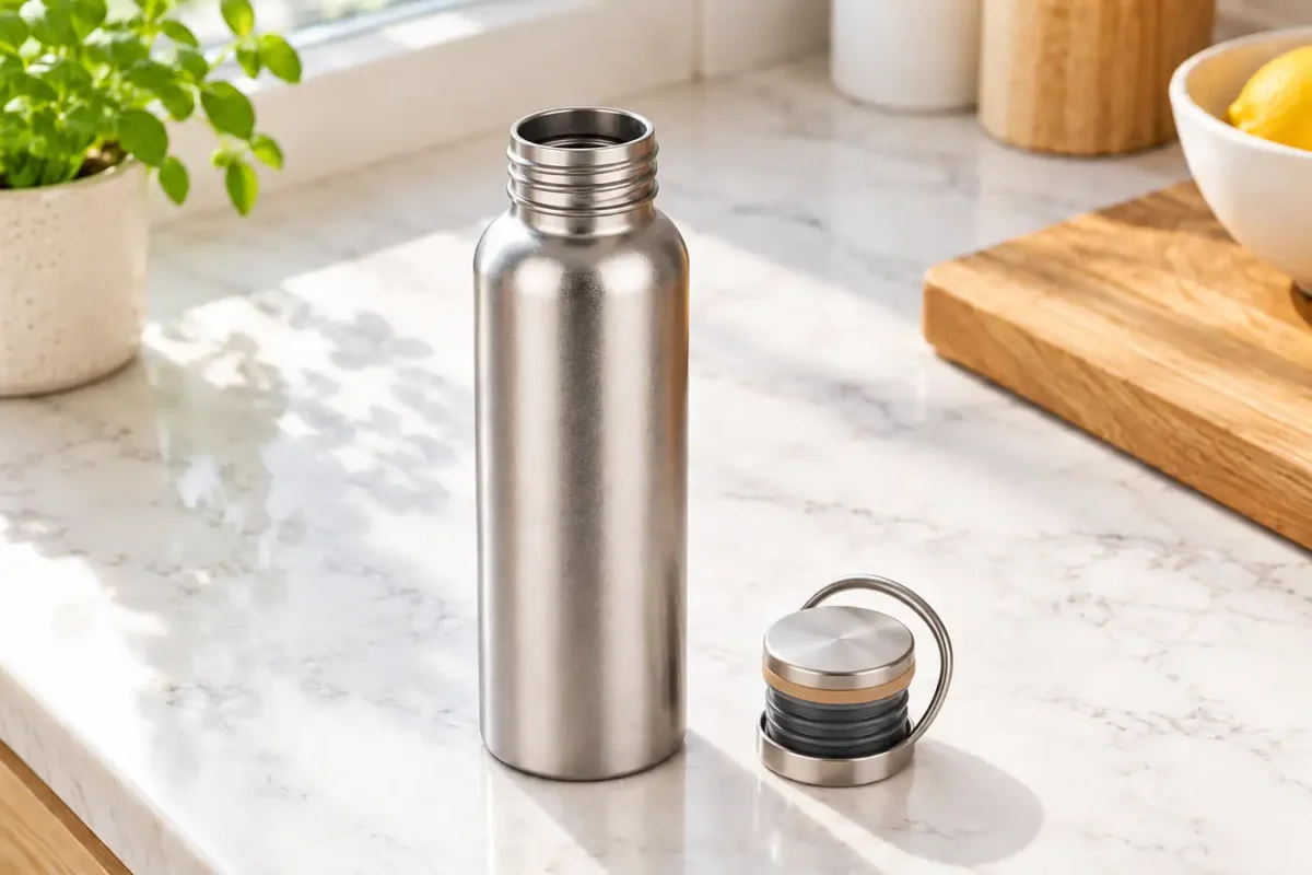 Open titanium water bottle with its cap beside it on a kitchen counter