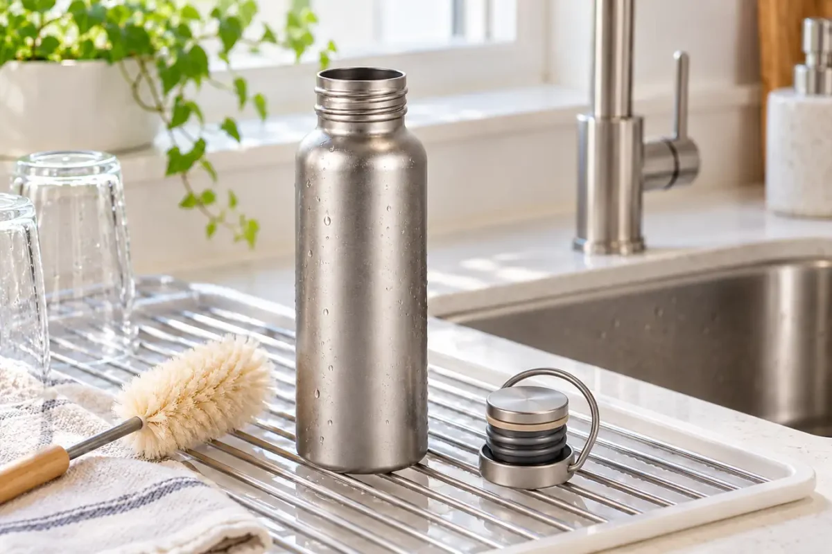 Titanium water bottle and intact cap drying separately beside a kitchen sink