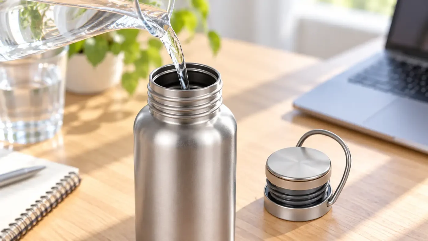 Wide-mouth titanium water bottle with removable cap and carry loop during refilling