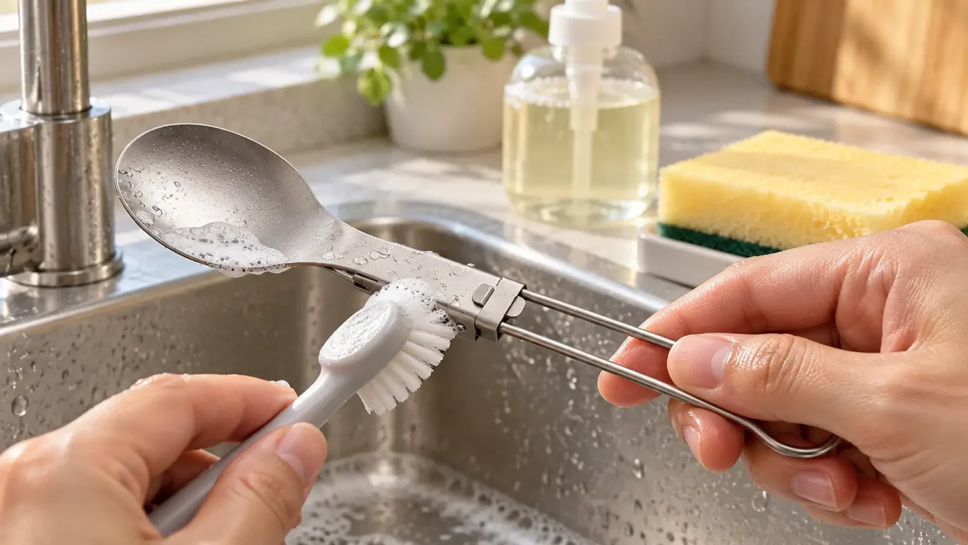 Soft-bristled brush cleaning the exposed joint of a TiRoam folding titanium spoon beside a kitchen sink.