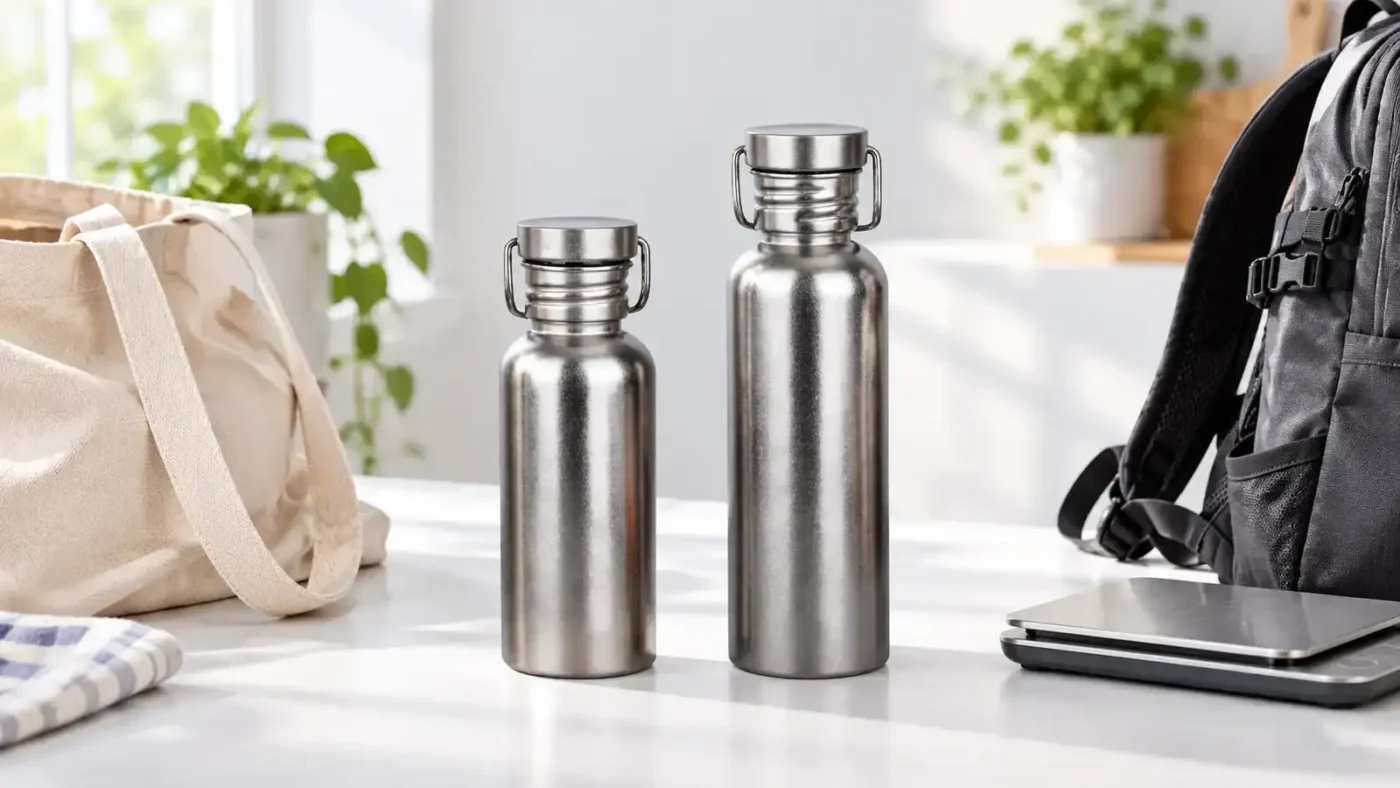 500 ml and 750 ml titanium water bottles beside an everyday carry bag