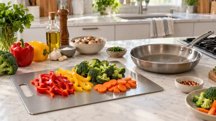 Weeknight food prep routine with vegetables, cutting board, and cookware
